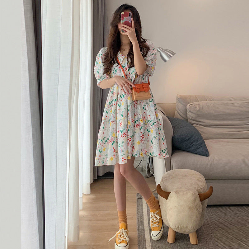 Sweet Floral Dress Women"s Summer New Spring French Loose Baby Collar Bubble Sleeve Skirt Summer