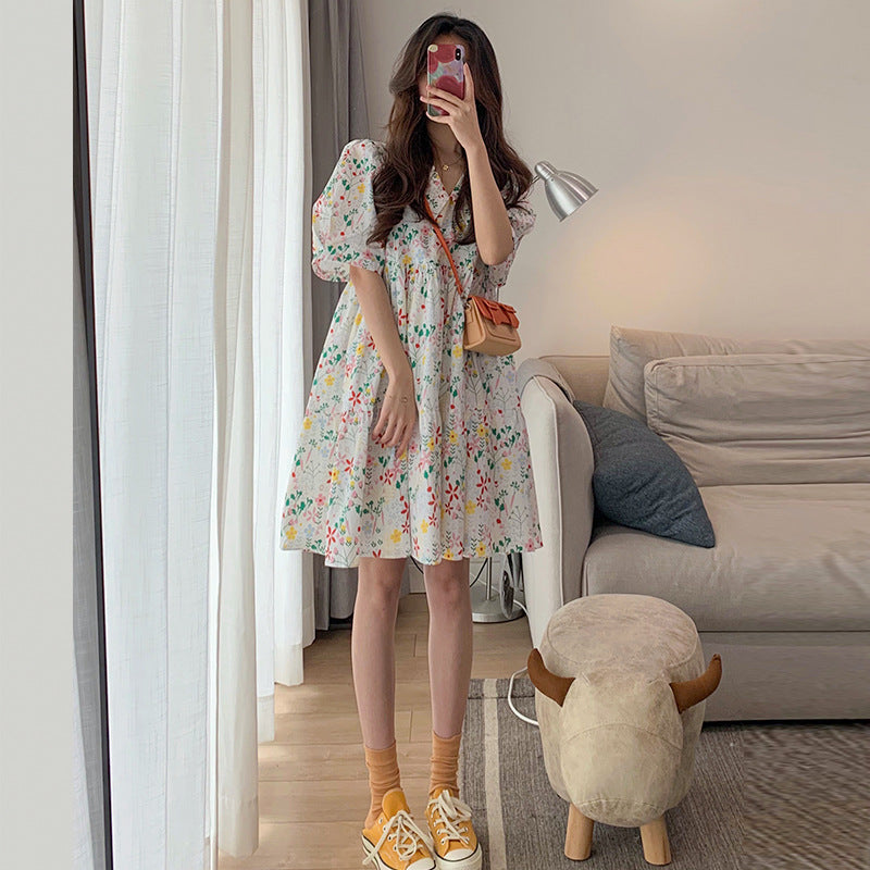 Sweet Floral Dress Women"s Summer New Spring French Loose Baby Collar Bubble Sleeve Skirt Summer