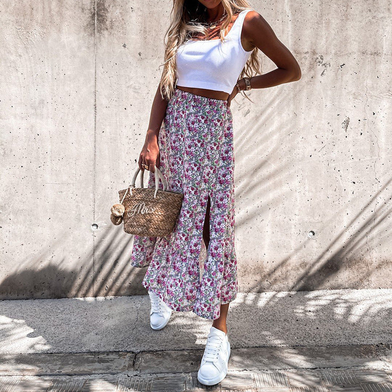 Summer Leisure Vacation Patchwork Floral Color Patchwork Skirt