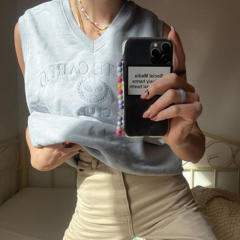 Vintage Tang American Retro Cream Blue White Sleeveless Vest Women''s Trendy Summer Loose T-shirt