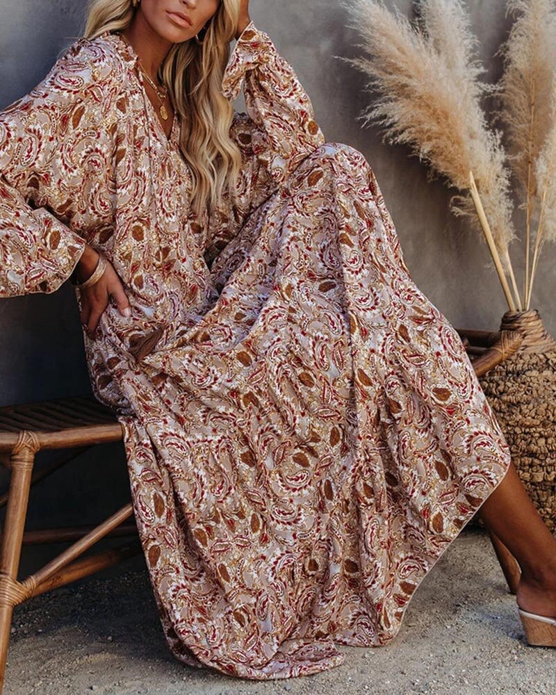 S-5Xl Loose V-Neck Lace Long Print Beach Dress