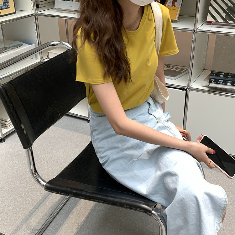 Huang Zheng"s basic multicolor round neck short sleeve T-shirt women"s summer Korean version slim and simple casual top t63391