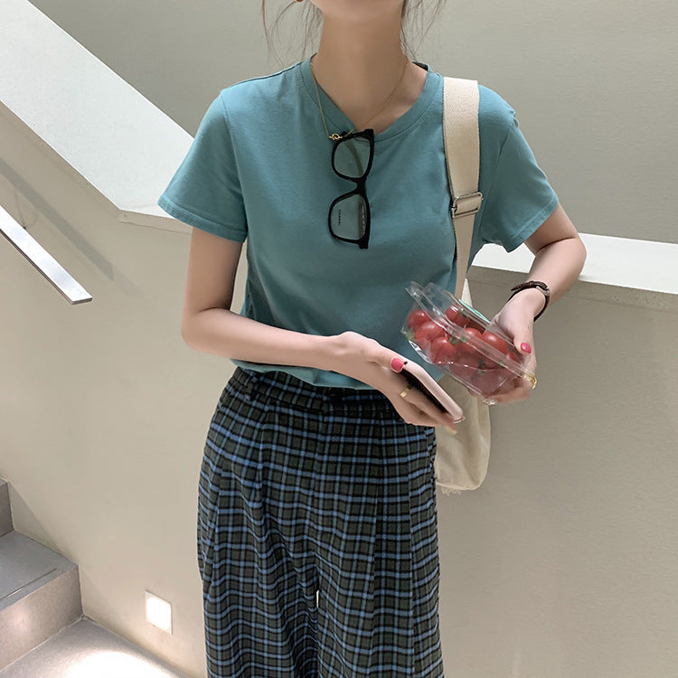Huang Zheng"s basic multicolor round neck short sleeve T-shirt women"s summer Korean version slim and simple casual top t63391