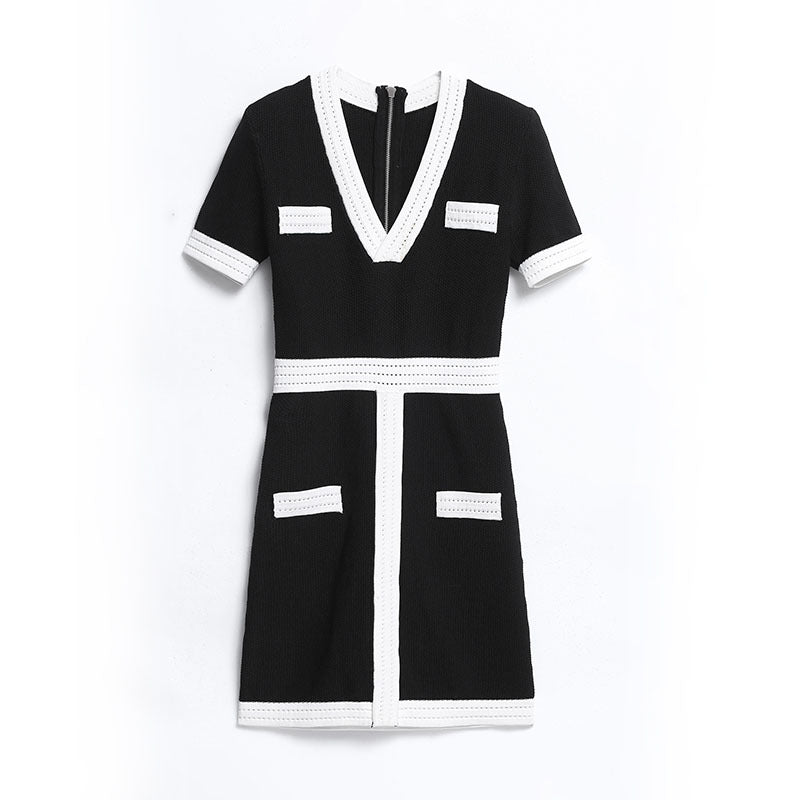 Black And White Contrast Color V-neck Slim Knit Dress For Small Women Korean Style Slim High Waist Sexy Dress