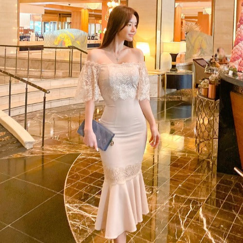 H Han Queen Slash Neck Elegant Lace Stitching Sexy Mermaid
