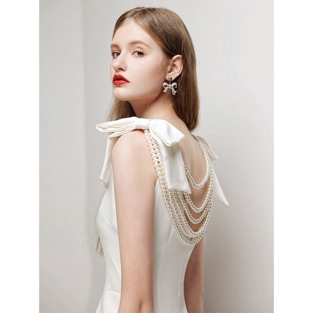 Bowknot Backless Heavy Industry Niche Design Pearl White Temperament Dress