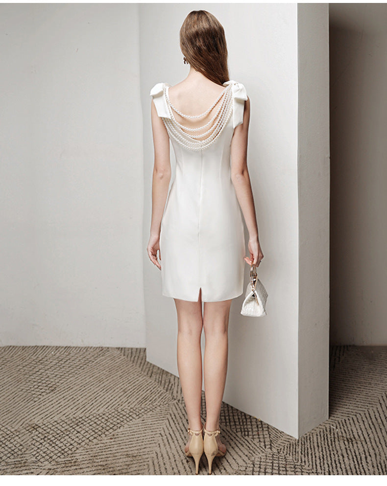 Bowknot Backless Heavy Industry Niche Design Pearl White Temperament Dress
