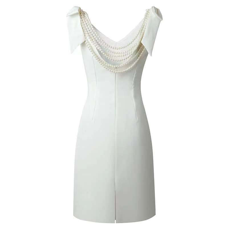 Bowknot Backless Heavy Industry Niche Design Pearl White Temperament Dress