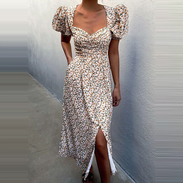 Summer New Floral V Neck Sweet Split Dress Women