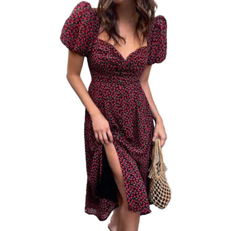 Summer New Floral V Neck Sweet Split Dress Women