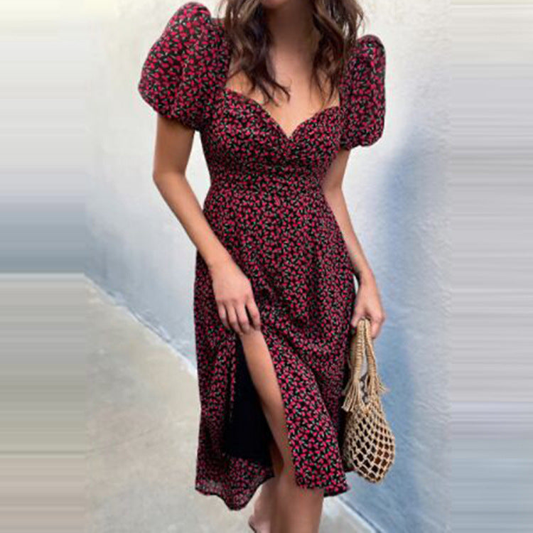 Summer New Floral V Neck Sweet Split Dress Women