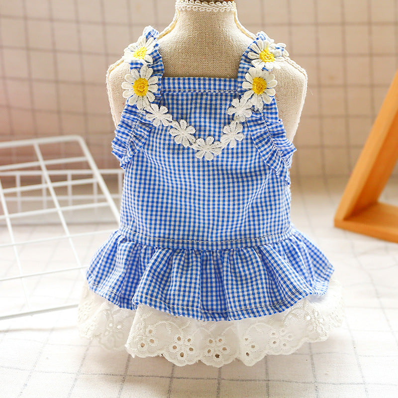 New Pet Clothes Cat Clothes Yellow Plaid Sunflower Bee Skirt