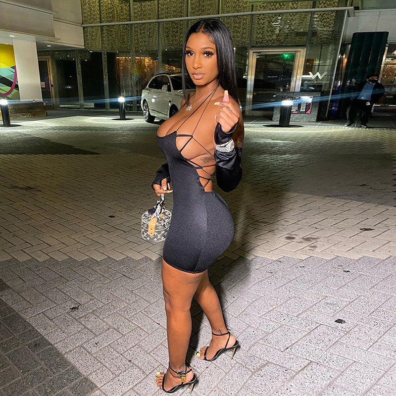 Black Backless Dress Tube Top Bag Hip Skirt