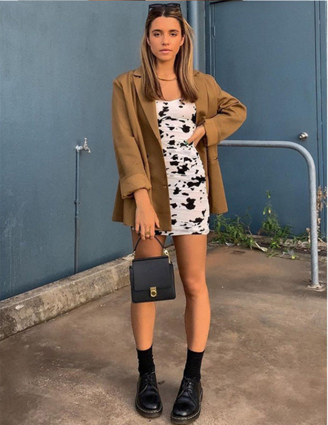 Black And White Cow Print Square Neck Slim Dress