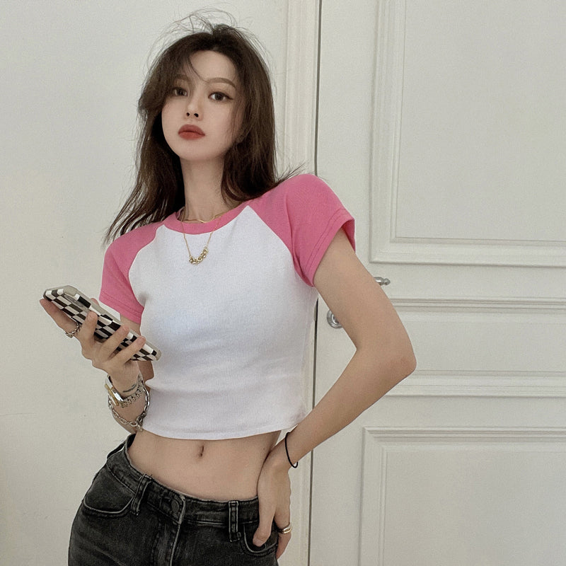 Short T-shirt Women''s Summer Korean Color Contrast Design Short