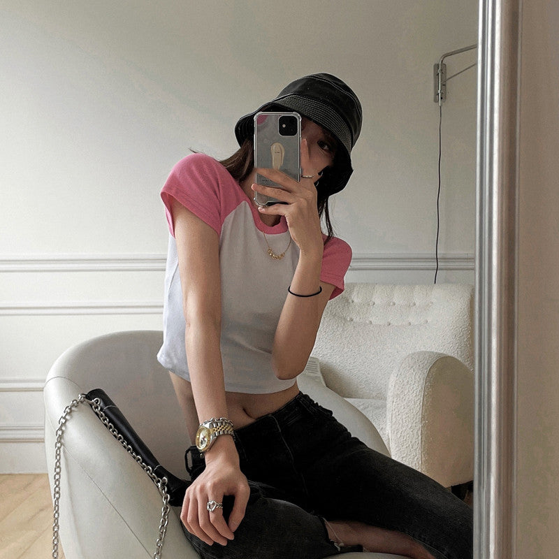 Short T-shirt Women''s Summer Korean Color Contrast Design Short