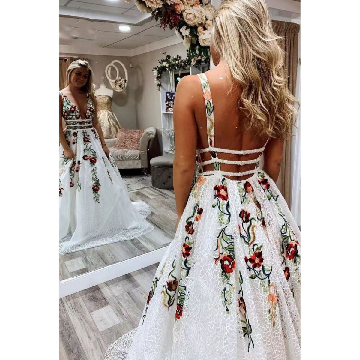 Backless Flower Decoration V-neck Sexy Formal Dress