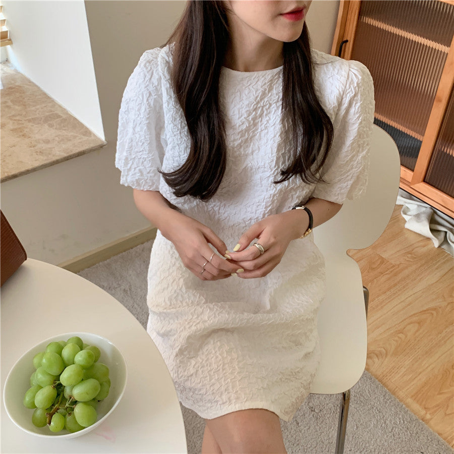 Summer Lantern Sleeve Backless Chain Design Solid Color Dress Women