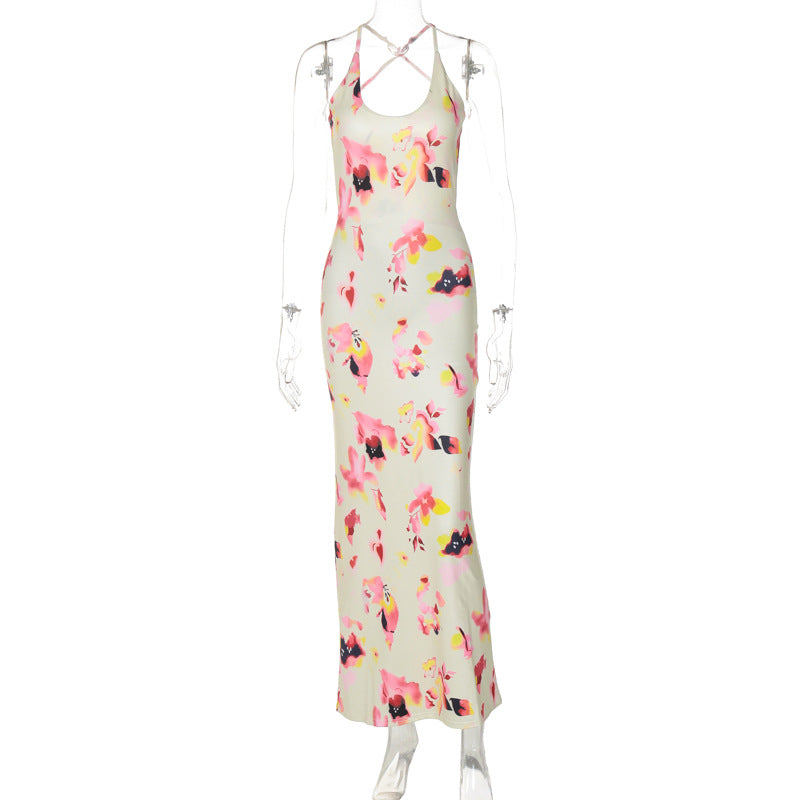 Fashion Printed Sexy Backless U-neck Slim Strap Dress