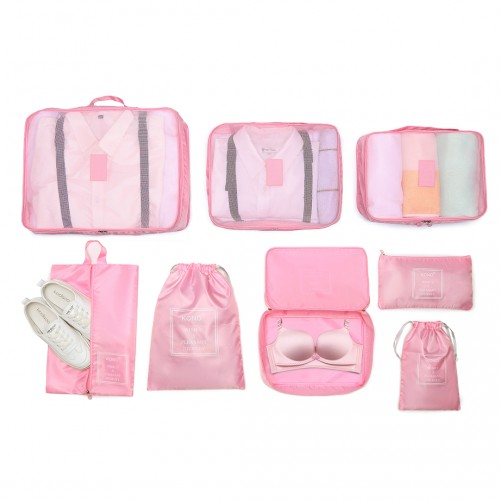 E2019 - Kono 8 Piece Polyester Travel Luggage Organiser Bag Set - Pink