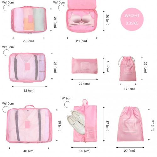 E2019 - Kono 8 Piece Polyester Travel Luggage Organiser Bag Set - Pink
