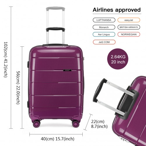 K1997L - KONO 20 INCH CABIN SIZE HARD SHELL PP SUITCASE - PURPLE