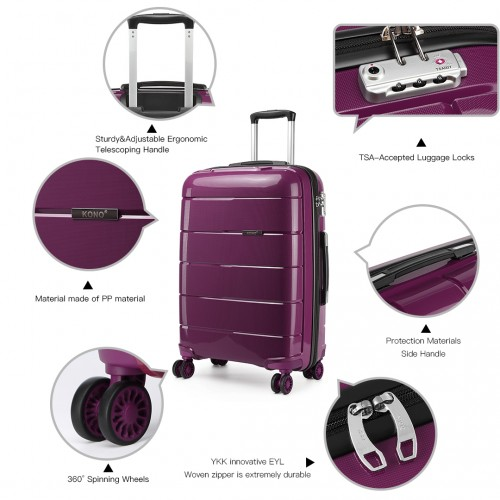 K1997L - KONO 20 INCH CABIN SIZE HARD SHELL PP SUITCASE - PURPLE