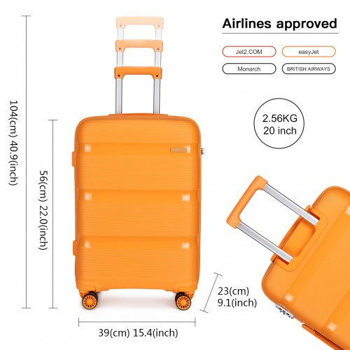 K2092L - Kono 20 Inch Bright Hard Shell PP Carry-On Suitcase In Cabin Size - Orange