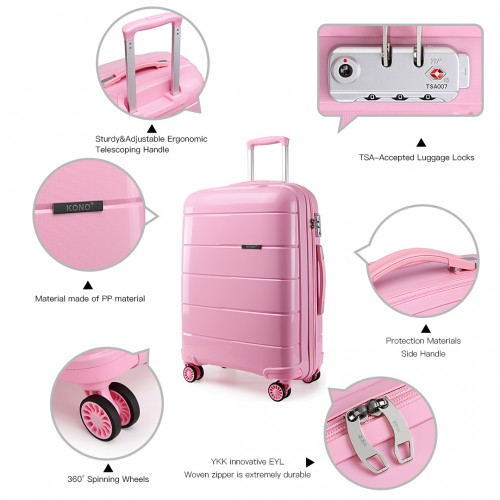 K1997L - KONO 20 INCH CABIN SIZE HARD SHELL PP SUITCASE - PINK