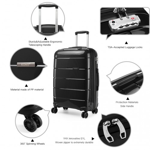 K1997L - KONO 20-24-28” HARD SHELL PP SUITCASE SET - BLACK