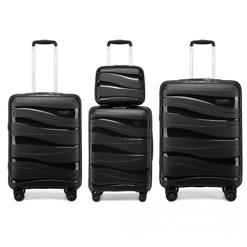 K2094L - Kono Lightweight Polypropylene Hard Shell 4 Piece Suitcase Set With TSA Lock And Vanity Case - Black