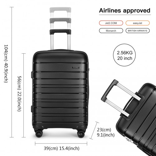 K2091L - Kono 20 Inch Multi Texture Hard Shell PP Suitcase - Classic Collection - Black