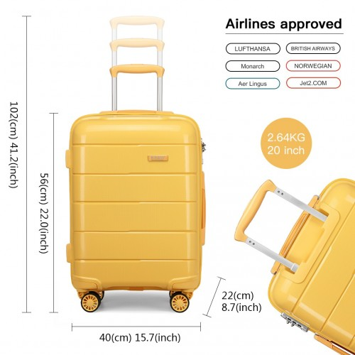 K1997L - KONO 20 INCH CABIN SIZE HARD SHELL PP SUITCASE - YELLOW