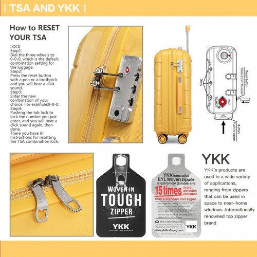 K1997L - KONO 20 INCH CABIN SIZE HARD SHELL PP SUITCASE - YELLOW
