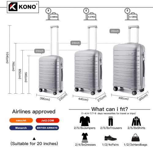 K2091L - Kono Multi Texture Hard Shell PP Suitcase 3 Pieces Set - Classic Collection - Grey