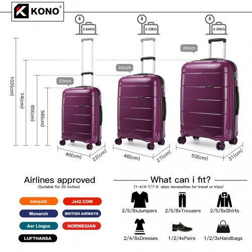 K1997L - KONO 20-24-28” HARD SHELL PP SUITCASE SET - PURPLE