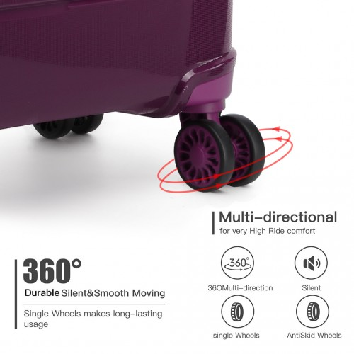 K1997L - KONO 20-24-28” HARD SHELL PP SUITCASE SET - PURPLE