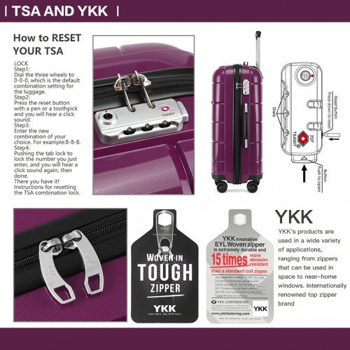 K1997L - KONO 20-24-28” HARD SHELL PP SUITCASE SET - PURPLE