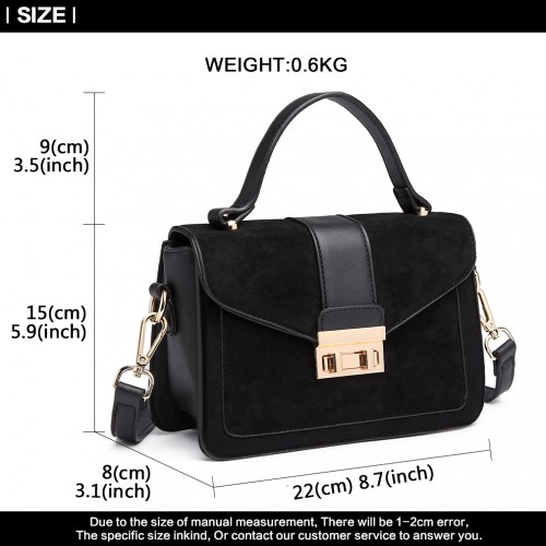 LB6872 - Miss Lulu Matte PU Leather Midi Handbag Cross Body Bag - Black