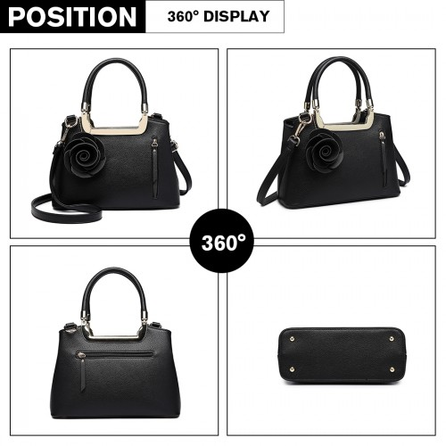 LG1847 - MISS LULU PU LEATHER ROSE HANGING ORNAMENT HANDBAG - BLACK