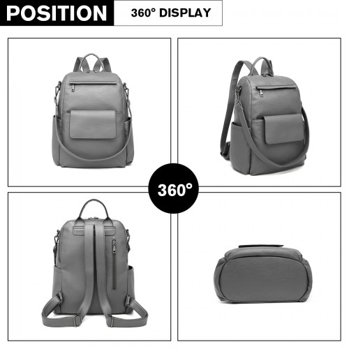 LH2012 - Miss Lulu Large Leather Look Backpack - Grey