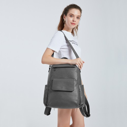 LH2012 - Miss Lulu Large Leather Look Backpack - Grey