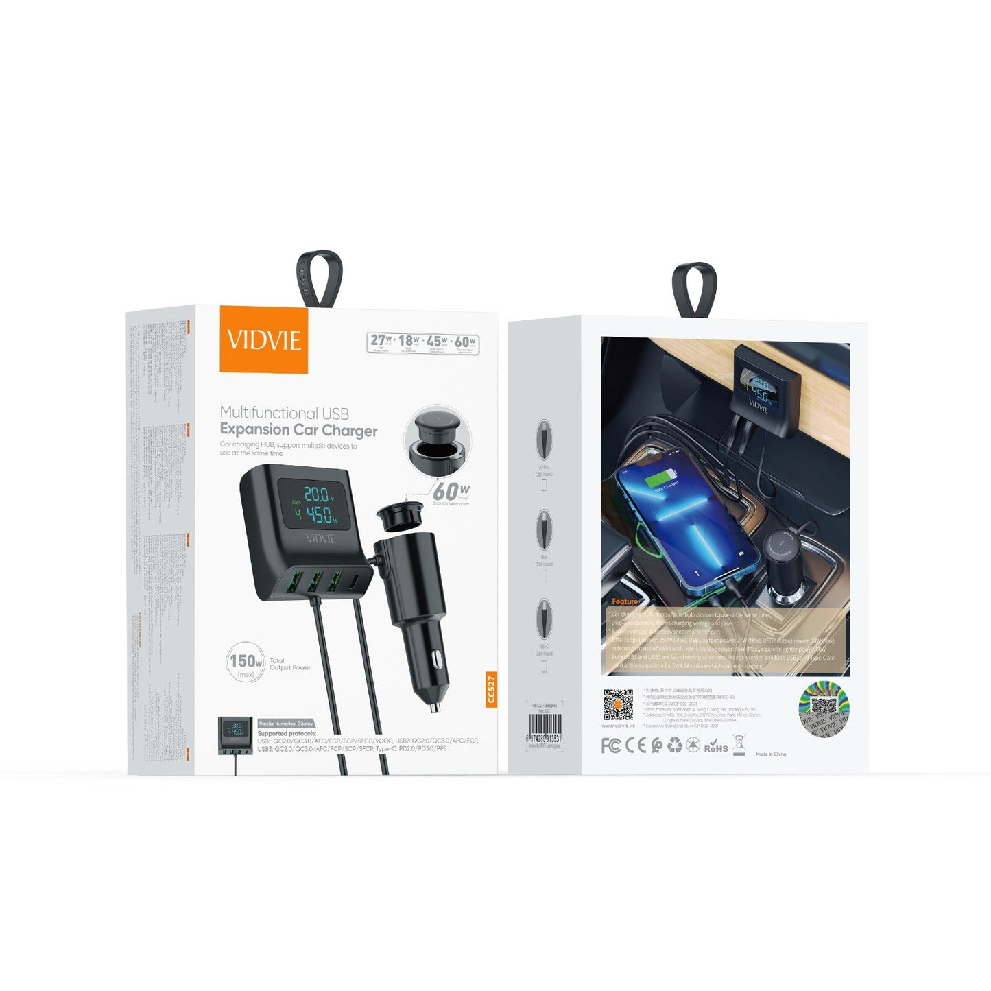 VIDVIE CC527 150W Car Charger HUB – 4 USB + Type-C Multifunctional Expansion