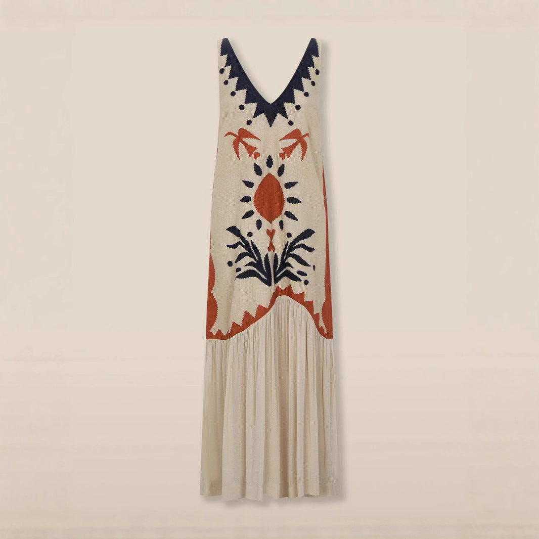 Ethnic Style Sun Totem Printed V-neck Sling Dress