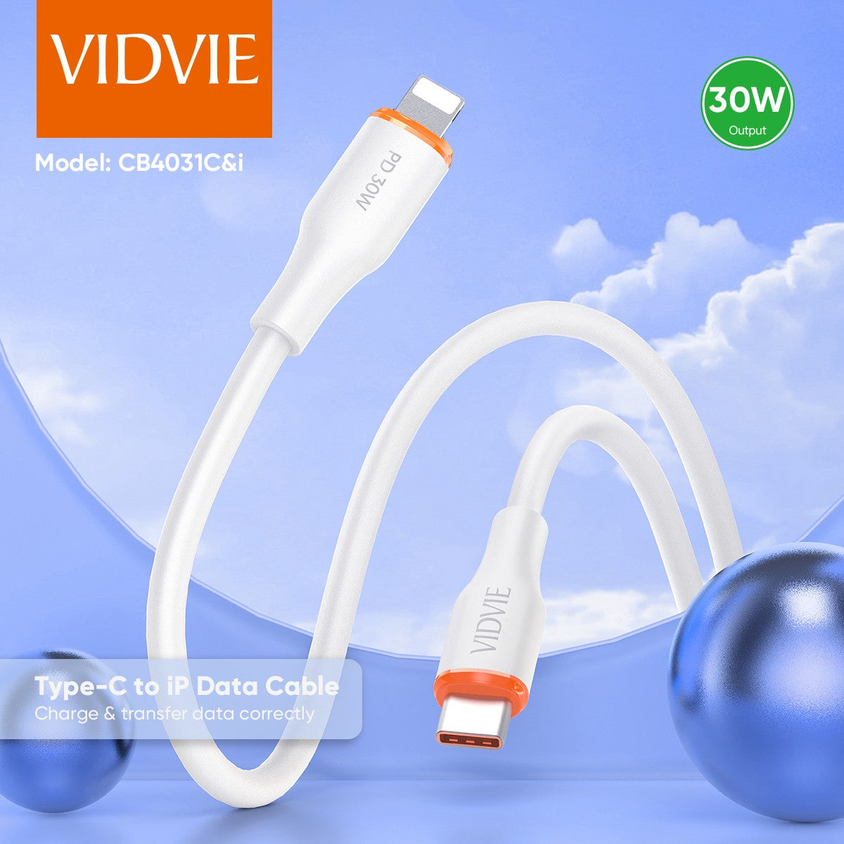 VIDVIE 30W USB-C to Lightning Cable 1M – PVC Fast Charge & Sync Cable (CB4031C&i)