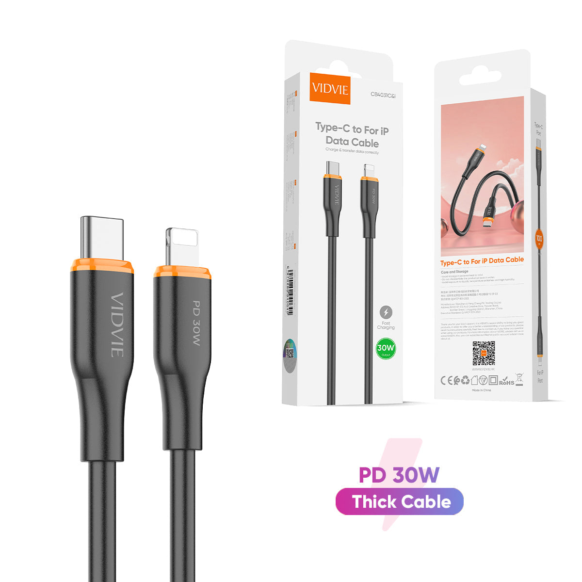 VIDVIE 30W USB-C to Lightning Cable 1M – PVC Fast Charge & Sync Cable (CB4031C&i)