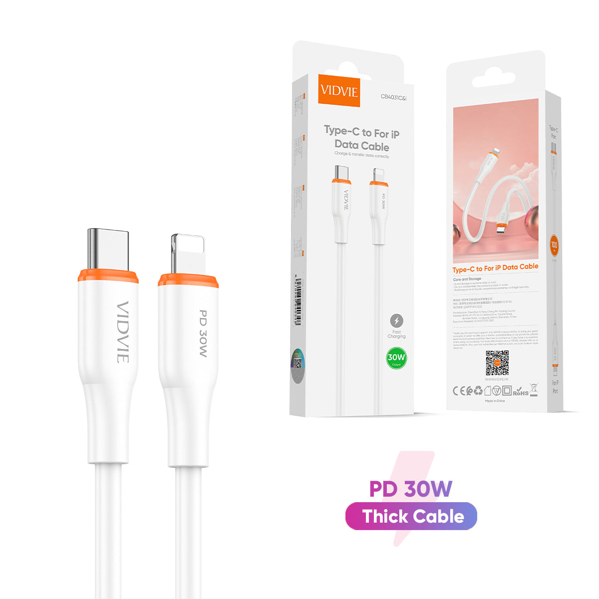 VIDVIE 30W USB-C to Lightning Cable 1M – PVC Fast Charge & Sync Cable (CB4031C&i)