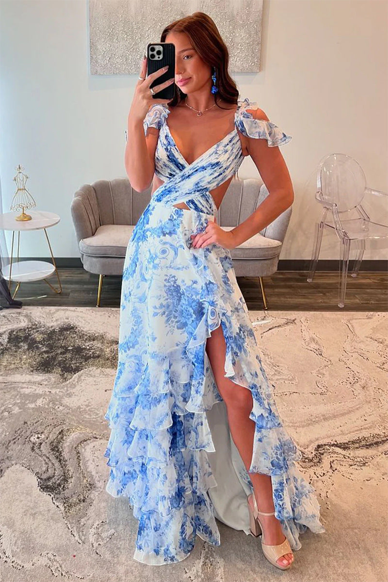 Sexy V-neck Backless Ruffled High Slit Sling Dress
