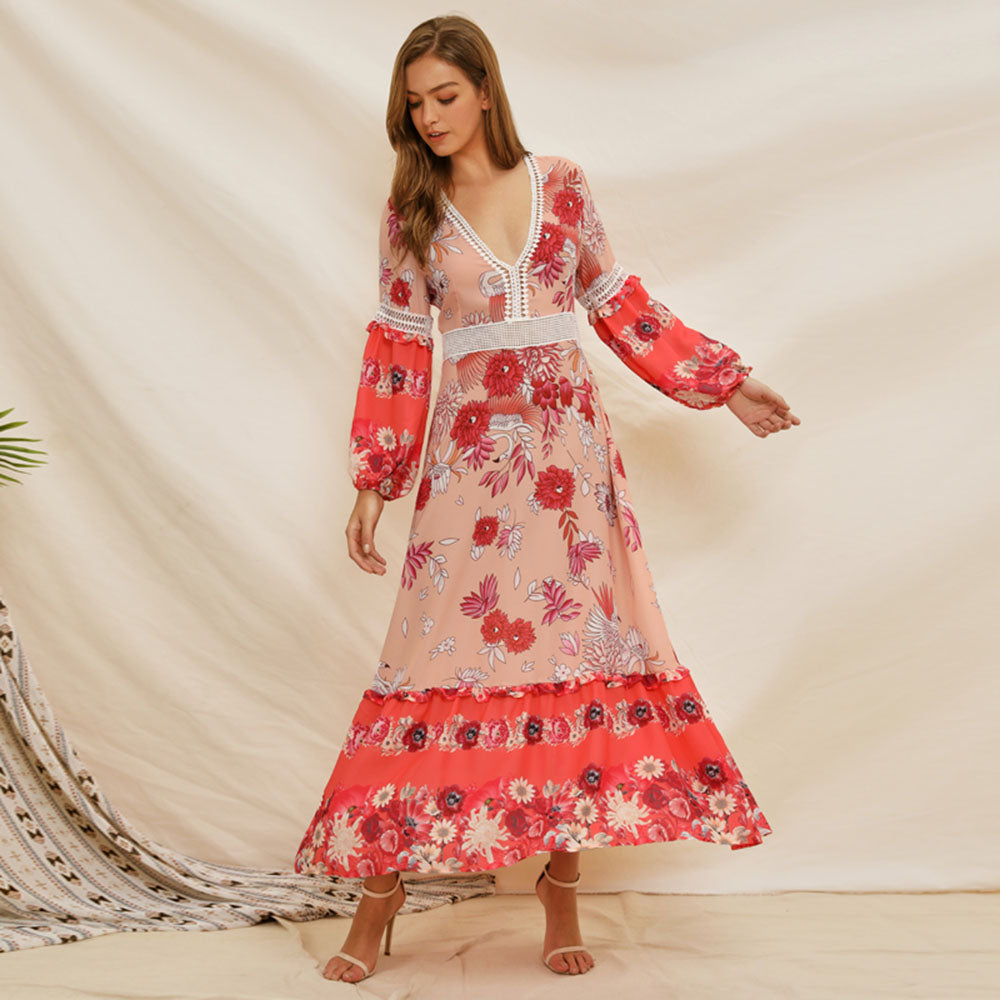 Printed V-neck patchwork puff sleeve dress