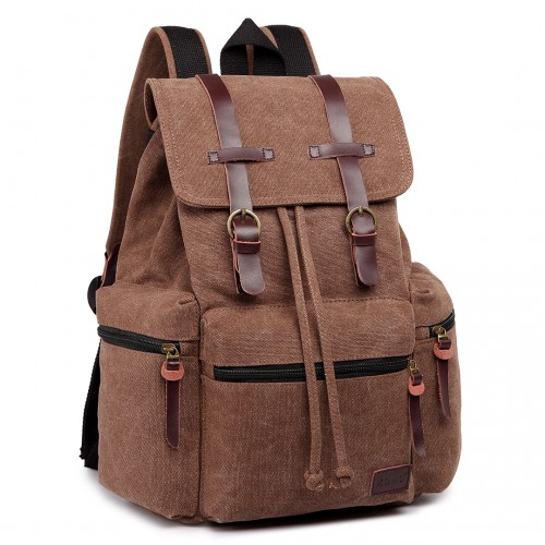 E1672 - Kono Large Multi Function Leather Details Canvas Backpack - Coffee